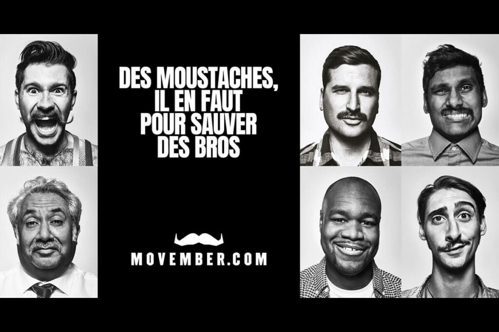 Campagne Movember composée de six portraits en noir et blanc d'hommes portant la moustache