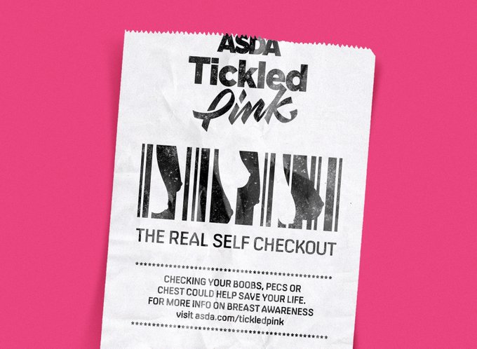 Ticket de caisse ASDA avec code barre illustrant des seins pour inviter les femmes a s'auto-palper, campagne Octobre Rose